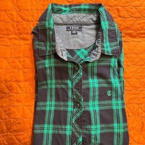 Izod Women's Green and Black Plaid Button Down Shirt